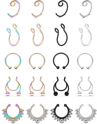 TPZORJX 20 pièces faux percing au nez,Faux Anneaux de Nez Acier Inoxydable Faux Anneau de lèvre Oreille 16G 18G 20G Faux Piercing Nez Septum sans Trou Bijoux de Piercing de Corps