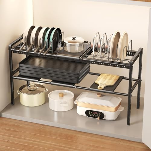 Mustorn Pots and Pans Organiser Expandable Pan Lid Holder 2 Tier Saucepan Storage for Cupboard Adjustable Height Pan Rack Kitchen Pot Lid Organiser Cookware Storage with 12 Dividers(Black)