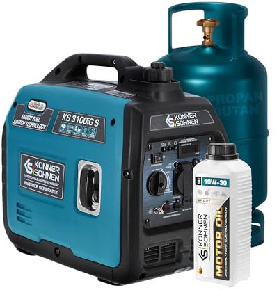LPG/Benzin Inverter Stromgenerator KS 3100iG S & 10W-30 von Könner & Söhnen. Notstromaggregat 3100 W, Schuko-Steckdose 230 V, 2 USB-Anschlüsse, ECO-Modus, Kupferwicklungen, EURO V