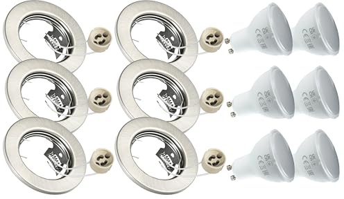 JungesLicht 6x Einbaustrahler GU10 230V 1W LED Leuchtmittel warmweiß 3000Kelvin, Außen 80mm, Bohrdurchmesser 55-68mm passend, Einbautiefe mind. 60mm, 6er Set Einbauspot, Einbaurahmen, Deckenpot