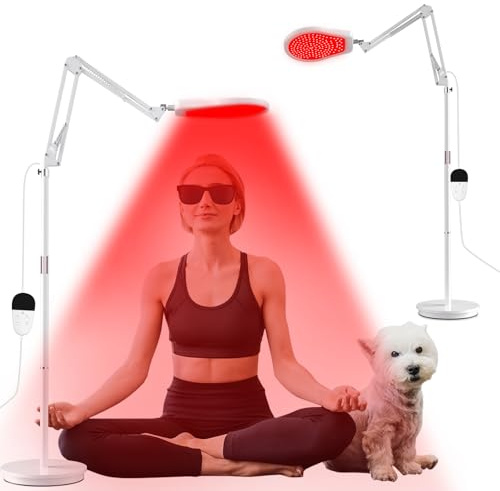 Hottoerak Floor Infrared Lamp, 940&850&660 Red Light Lamp, 5 Brightness & 10/20/30Min Timer & Adjustable Height, 150LEDs Infrared Light for Home/Office Use(White)