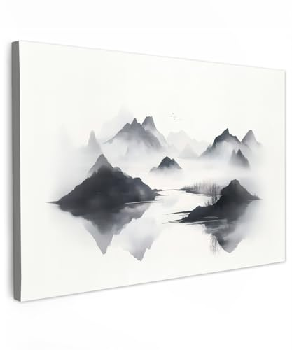 MuchoWow© Bild auf Leinwand Groß XXL Schlafzimmer Bilder Badezimmer Wand | 120x80 cm - Deko Wohnzimmer Modern Wanddeko Bilderwand Geschenk Berge - Neblig - Wasser - Weiß