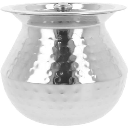 Stainless Steel Handi with Lid Pongal Gundu Hammered Food Drink Serving Pot Multipurpose Dish for Biryani Rice Yoghurt Water Lassi Butter Milk Storage Tableware Home Kitchen (No.2 – 2350ml)