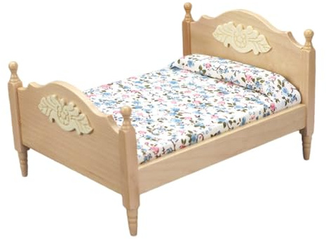 minkissy Miniatur Doppelbett Holz Puppenhaus Möbel Simulation Kinderbett DIY Zubehör Glatte Oberfläche Sichere Verarbeitung für Jungen Mädchen
