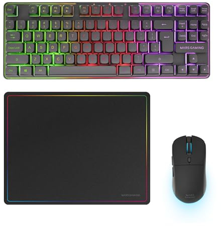 Mars Gaming MCPWTKL, Trådlös Gaming-Combo, DualPro Link 2.4GPRO-teknologi, TKL FRGB Rainbow-tangentbord + RGB 3200DPI-mus med HUANO-brytare + Halkfri musmatta 360x260mm, Svart, Engelska US