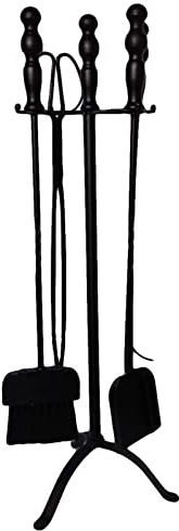Set di 5 Attrezzi per Camino da Esterno e da Interno, Attrezzi antichi in Ferro battuto per braciere con Supporto, attizzatoio, Spazzola, Pala, Pinza, Nero
