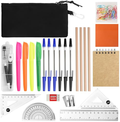 25Pcs School Stationery Set, School Supplies Kit with 1 Pencil Case, Notebook, Eraser, Sticky Notes, Pencil Sharpener, Paper Clips, Compass, 4 Highlighters, Pencils, Ruler, 6 Fountain Pens
