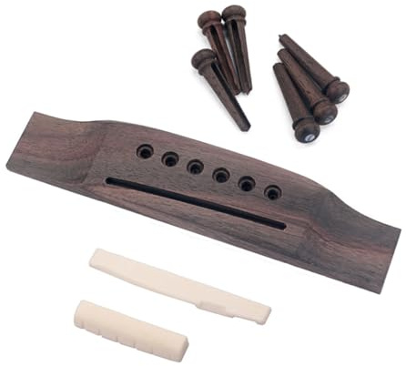 Gitarrenbrücke 1g16 mit 6 Stegen und Knochensattel für Gitarre | 1, 6 Stück Brückenstifte und Knochensattel, Rosettenholz, Kaffeefarbe, Zubehör für Instrumententeile