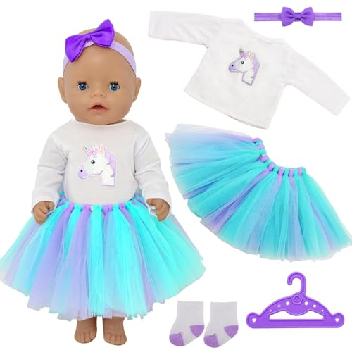Baby Puppen Puppenkleidung für 30-43cm, 5 Stück Kleidung Outfits für 14-18 Zoll Zubehör 1 Bunter Puffrock 1 Oberteil 1 Lila Haarband 1 Kleiderbügel 1 Paar Socken Geburtstagsgeschenk für Mädchen