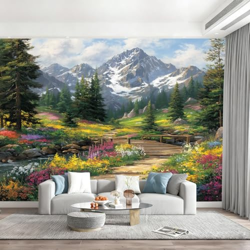 Papier Peint Intissé Nature, Montagnes Enneigées, Plantes, Fleurs Papier Peint Panoramique Paysages De Montagne Et De Rivière Tableaux Muraux Tapisserie Photo Décoration Murale Chambre - 300x210cm