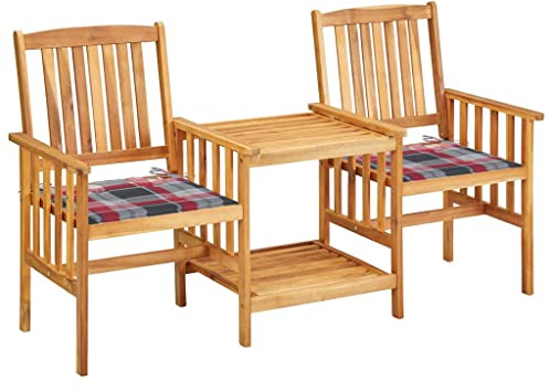 JHQHSM Gartenstühle mit Teetisch und Kissen aus massivem Akazienholz, rustikales Bistro-Set für Terrasse und Balkon, 4 Stühle mit Rückenlehne und Armlehnen, inklusive