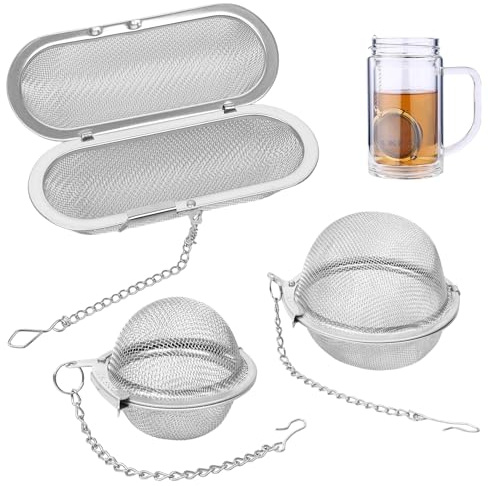 3 Stück Teesieb Edelstahl,Gewürzkugel mit Kette, Teeei für Losen Tee Gewürzsäckchen Mitkochen Teesieb Groß Gewürzsieb Zum Mitkochen 3 Größen,Ideal für Teekannen Catering Und Kochen(Silber)