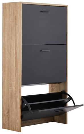 CASABEL Meuble à Chaussures Compact 18 Paires, Noir et Bois Clair | Meuble à chaussures design pour entrée, 3 abattants, Étagères réglables, Pratique et grande capacité, Installation simple