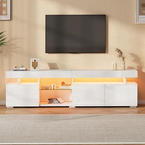 FammyLoft TV-Schrank 180cm bis 80 Zoll mit 3 Schränke, TV-Lowboard mit LED-Lichtstreifen, Hochglanz Fernsehtisch mit Verstellbaren Einlegeböden, TV Stand, Fernsehschrank, TV-Board, TV-Kommode, Weiß