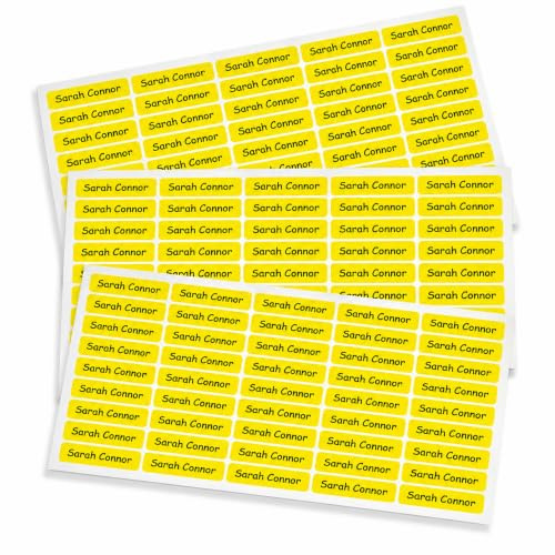 Indigos UG Namensaufkleber Kinder Schule - 150 Sticker - 36x7 mm - Aufkleber selbst gestalten - Namensschilder selbstklebend Kindergarten, Sticker KITA, Brotdose, Flasche, Federmappe, Stifte - gelb