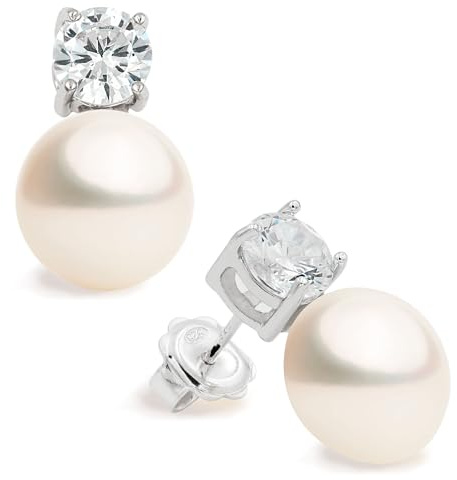 Damen Perle Ohrstecker, Süßwasser Zuchtperlen Button Form 11-12 mm mit einem großen Zirkonia Stone Secret & You - Hochwertige Sterling Silber 925 Halterungen mit großen Muttern.