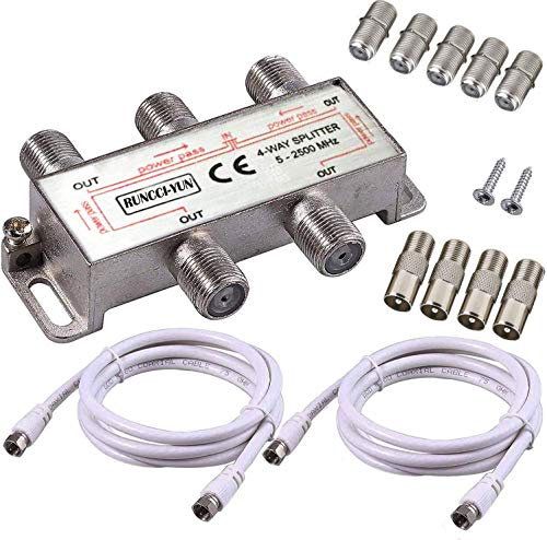 RUNCCI-YUN 4 Way Satellite TV Aerial Splitter - F Type, 5-2500MHz with 2 x 1.5m Coax Cable and 4 x F Plugs + 5 x F Sockets