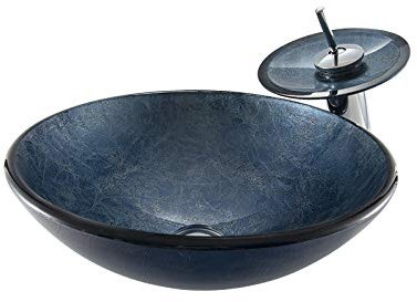 Shower Set Bleu Marin Lavabo Vasque en Verre Trempé, Lavabo Lave-Mains Ronde Vasque à Poser Monter Salle de Bain Lavabo Vasque avec Drain, Robinet Cascade, 420mm * 420mm* 145mm*12mm
