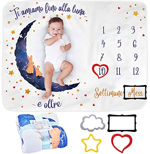 Coperta Mesi Neonato in Italiano | Tappeto Per Maschio O Femmina, Unisex | Regalo Personalizzato Festa Nascituro | Tema Luna | Morbida e Spessa | Cornici Incluse