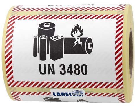 Labelident Lithium-Ionen-Batterien Transportaufkleber UN 3480, 100 x 70 mm, 500 Etiketten aus Papier auf Rolle, Gefahrgutaufkleber für Versand