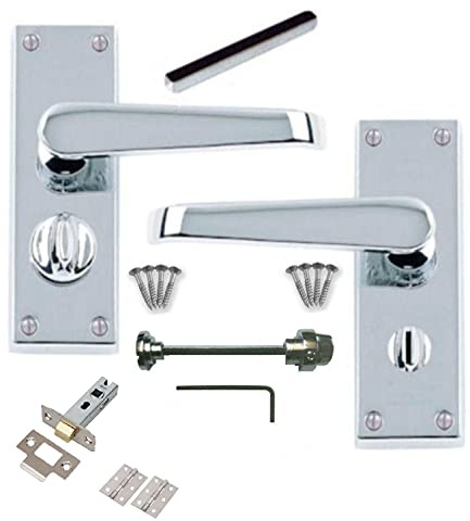 Golden Grace Victorian Door Handle Privacy Pack, Polished Chrome 120mm | Works off a normal latch without a mortice lock. Includes 120x40mm metal backplates, 63mm latch, 3-inch hinges and screws.