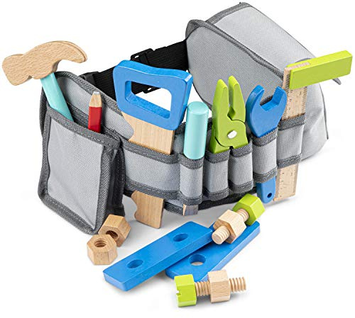 Woet® Set de Cinturón de Herramientas Azul para Niños - Juguete de Carpintero de Imitación - con Herramientas de Madera - A Partir de 3 Años