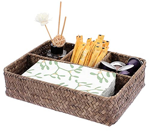 BTSKY 4 Compartment Seagrass Tissue Box Basket, Napkin Holder, Coffee | Woven Wicker Divided Storage Organiser, Countertop Decorative Container For Stationery, Candies, Tea bags, Cometics