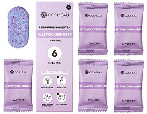 Cosmeau Nachhaltige Allzweckreiniger Lavendel - 6 Konzentrierte Reinigungstabletten für alle Reinigungsarten - in Wasser Auflösen und Sofort Einsatzbar - Plastikfrei und Nachhaltige Wahl