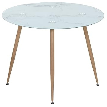 MOG CASA Mesa de Comedor Fija Redonda Corin | 100 x 100 x 75 cm | Ideal para Cocina o Salón | Ideal para 3 a 4 Personas | Tablero con Efecto Mármol Blanco | Patas Metálicas en Imitación Madera