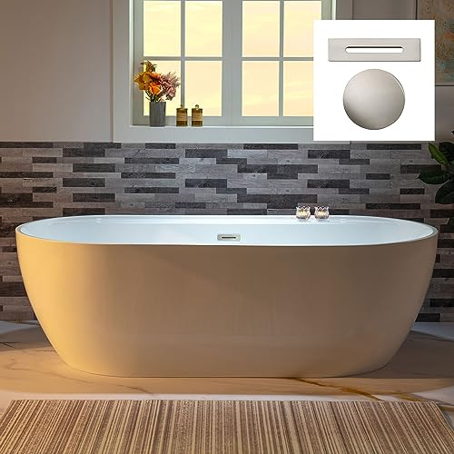 WOODBRIDGE 72 Acrylic Freestanding Bathtub Contemporary Soaking White Tub with Brushed Nickel Overflow and Drain,B0059-BN