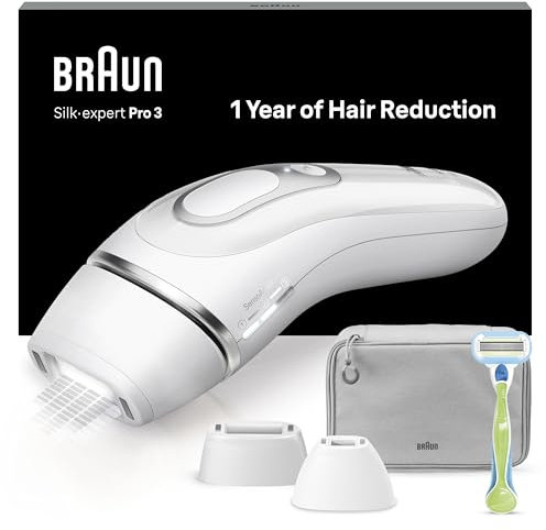 Braun Silk·Expert Pro 3 Epilator with Light Pulses, Semi Definitive Hair Removal Alternative to Laser, Bag, Venus Razor, 2 Heads, White/Silver, PL3122