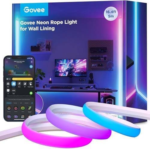 Govee Neon LED Strip für Sockelleiste,5M RGBIC LED Streifen für Wandlinien und Ecken, Kompatibel mit Matter,Musiksync, Zuschneidbar, Neon Licht Deko für Wohnzimmer, Korridor, Schlafzimmer