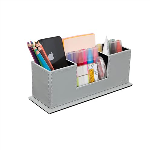 AINAK Schreibtischorganizer aus PU Leder (4 Fächer) – Stiftehalter, Schreibtischorganisator für Bürobedarf, Post-its, Notizzettel, Visitenkarten und mehr (Grau) (Grau)