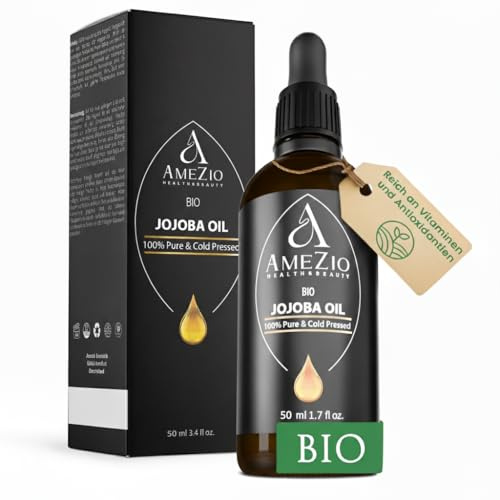 Jojobaöl Bio Kaltgepresst I Für Haare, Gesicht, Körper, Haut I Jojoba Oil I Körperöl I Vegan und 100% Rein I Anti-Falten I Anti-Pikel I Feuchtigkeitspflege I Glasflasche I Pipette I Hexanfrei I 50 ml