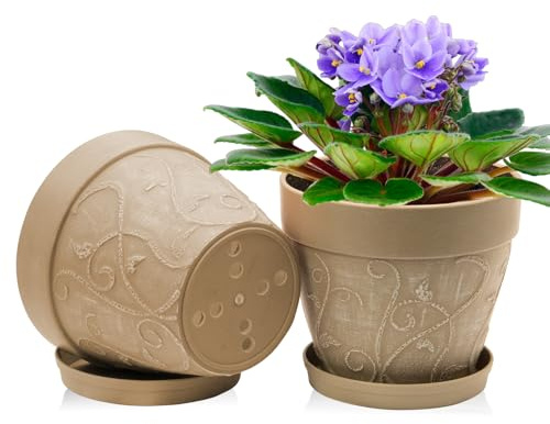 ZMTECH 20 cm blomkruka med underlägg, 20 cm plast terrakotta look planteringskruka med dräneringshål, rund medium ytterkruka för inomhus utomhus örthus växter (ljusbrun, set om 2)