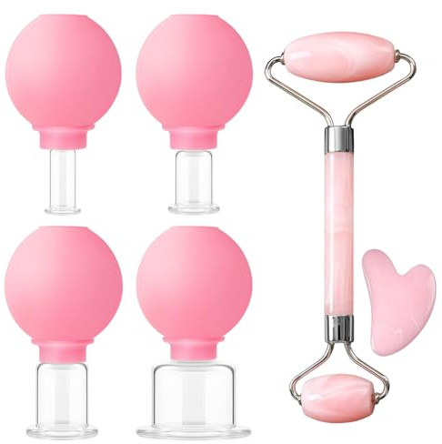 6 Piece Cupping Glasses Silicone Set, Cupping Glasses with Ball, Cupping Glasses Made of Real Glass, Facial Cupping Set with Roller & Fascia Scraper, Face Vacuum Massage for Face Massage, Stimulation