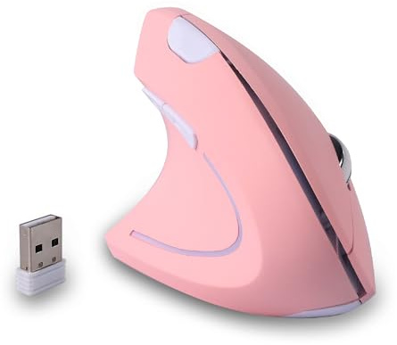 Justdfine Ergonomisk mus, 2,4 G trådlös vertikal mus med USB-mottagare, vänsterhänt, 1600D-PI 6 knappar, vänster vertikal ergonomisk mus för bärbar dator, kontor, PC, femte generationen, rosa
