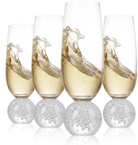 ZHYOCOGY Juego de 4 copas de champán de 8 onzas sin plomo con base estable de burbujas o bolas agrietadas, cristalería moderna de vino espumoso para bodas, fiestas, almuerzos, regalo (burbuja)