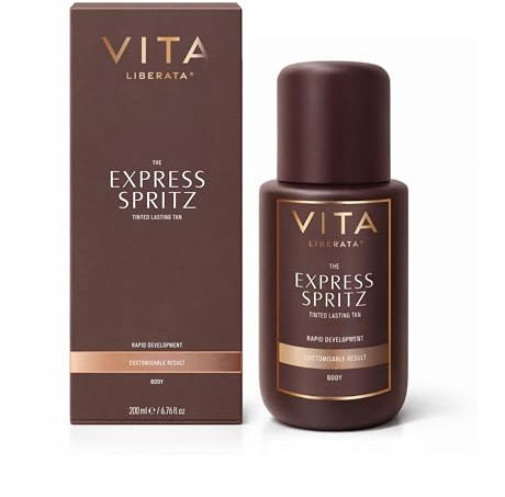VITA LIBERATA The Express Spritz – Spray bronzant express, 200 ml, brume autobronzante rapide pour le corps – Teinté, personnalisable et à développement rapide, finition longue durée sans traces