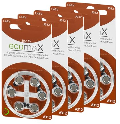 ecomaX HÖRGERÄTE Batterie Typ 312 PR41 BRAUN A312 BATTERIEN (30)