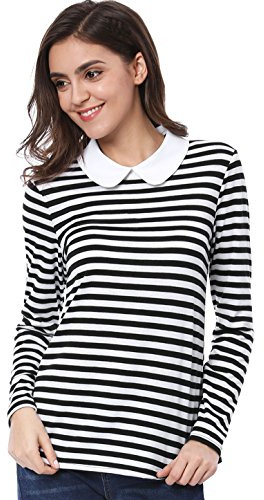 Allegra K Damen T-Shirt Langarm Bubikragen Colorblock Casual Weihnachts Streifen Top Bluse Schwarz S