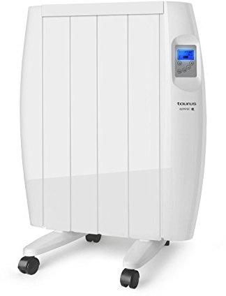 Taurus Tallin 600 - Radiateur électrique à inertie 600W, 4 éléments, technologie sèche, Programmable, Température jusqu'à 35 ° C, Confortable et économique, Roues et support mural, Blanc