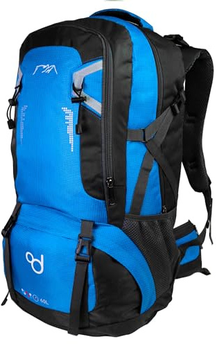 OcioDual Mochila Senderismo 60 Litros, Mochila Trekking, Montaña y Camino de Santiago, Multifuncional, Ligera, Mochilas Hombre para Camping, Acampada, Marcha Nórdica, Supervivencia, Azul