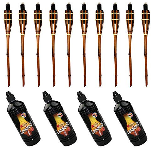 Moritz 10x Bambusfackeln Fackel 90 cm Dunkelbraun + 4X 1000ml Lampenöl Gartenfackel Ölfackeln Garten Deko Öllampe Wegleuchte