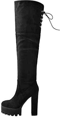 Only maker Damen Plateau Stiefel Overknee Blockabsatz High Heels mit Verstellbaren Schnüren Schwarz 41 EU