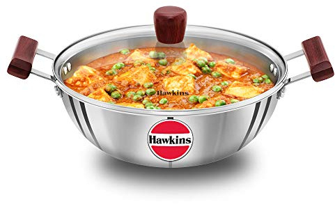 Hawkins Tri-Ply Stainless Steel Induction Compatible Deep Kadhai (Deep-Fry Pan) with Glass Lid, Capacity 4 Litre, Diameter 28 cm, Thickness 3 mm, Silver (SSK40G)
