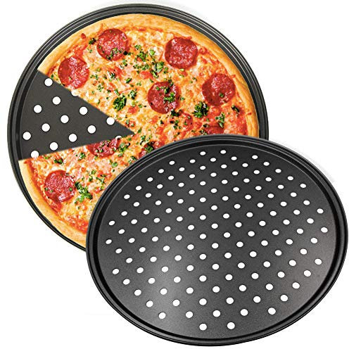 Teglia per Pizza, NALCY 2 Teglie per Pizza Rotonde Forate Antiaderenti, Utensili per Pancake in Acciaio al Carbonio, Teglie per Pizza Forate per Forno, Vassoio per pizza Croccante