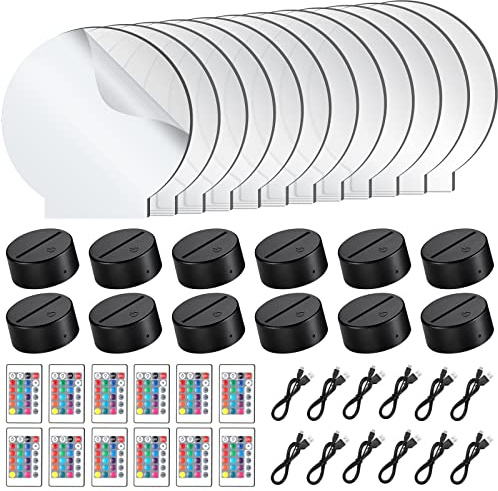 Riakrum 48 Pcs/12 Sets Acrylic Night Lights Clear Acrylic Sheets and 3D Night LED Light Lamp Base with Remote Control USB Cable, DIY LED Lamp Set for Restaurant Bar Cafe Room Decor(Round)