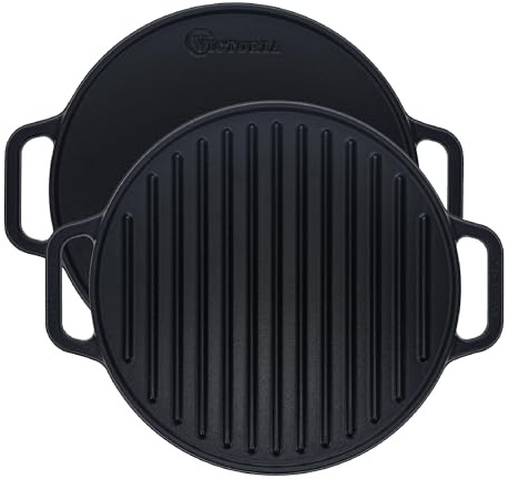 Victoria Round Cast Iron Grill. Double Burner Griddle, with Removable Coil Handles Seasoned with 100% KoBibir Certified Non-GMO Flaxseed Oil, 12.5 Inch, Black