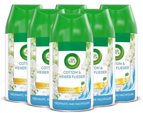 Air Wick Freshmatic Max Raumspray – Nachfüller für den Air Wick Freshmatic Max – Duft: Cotton und Weißer Flieder – 6 x 250 ml Nachfüller